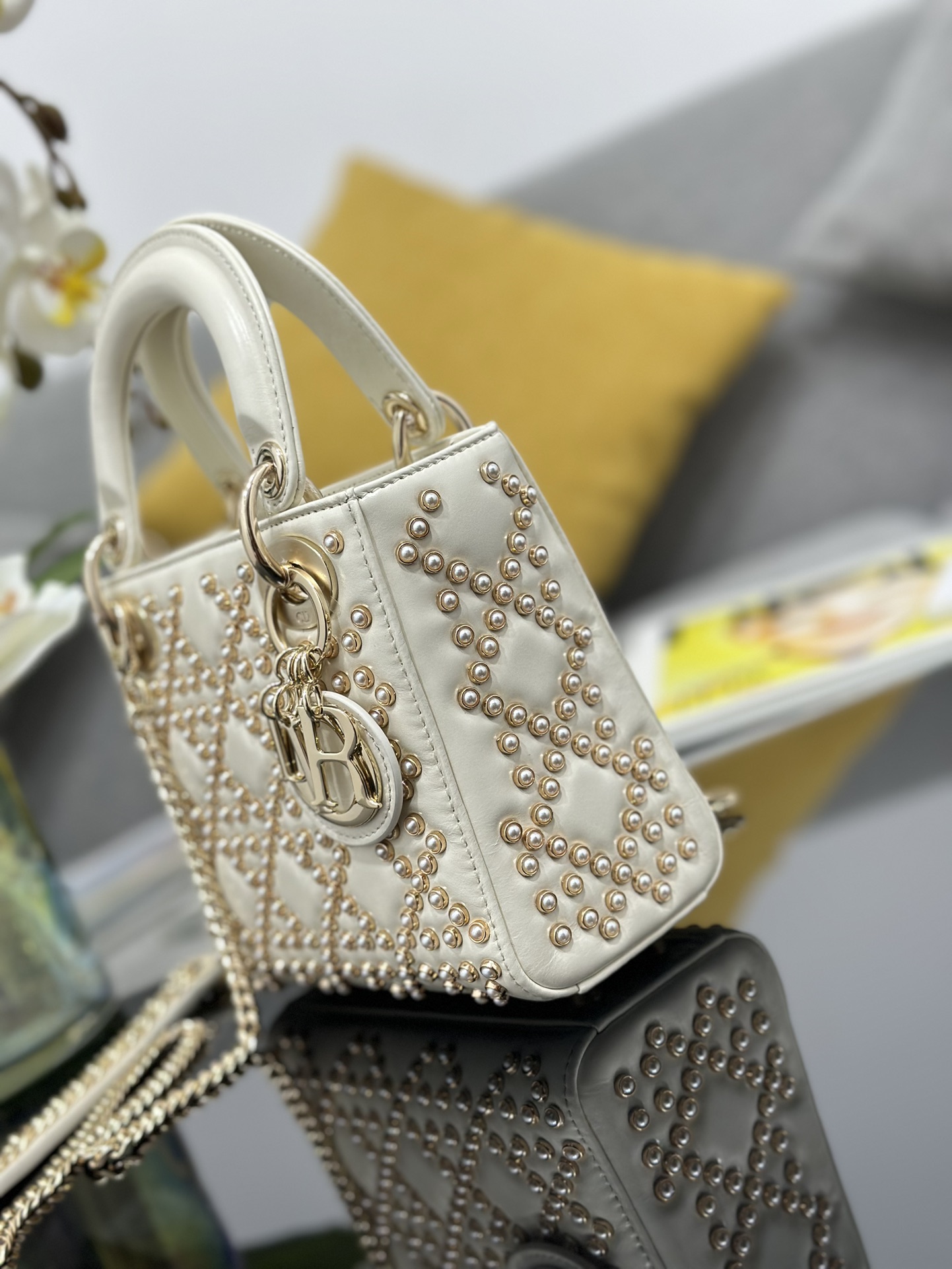 Mini Lady Dior Bag White Calfskin Embroidered with Pearl Nail